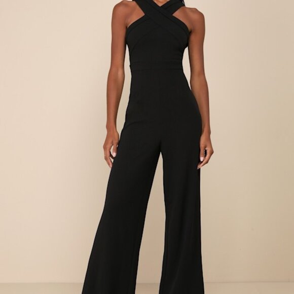 Lulus Pants - Lulus Criss-cross Your Mind Black Cross-front Wide-leg Jumpsuit - Size L